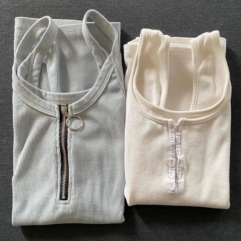 Women SHEIN 2 Pc Tank Tops, Textured Gray w/ Zipper, Textured Cream w/ Eyelets